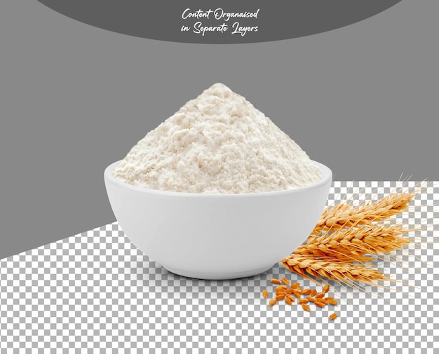 PSD wheat flour in white bowl isolated on transparent background