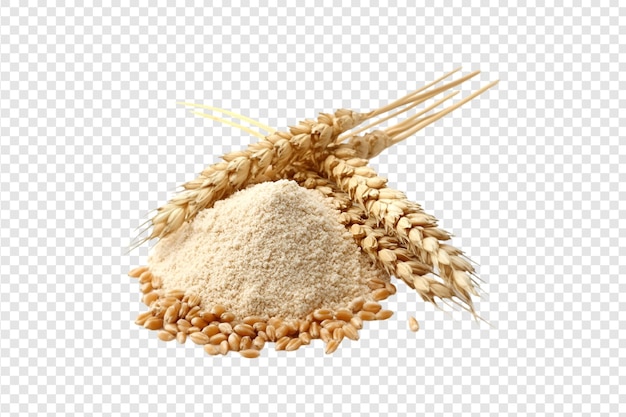 PSD wheat grains and flour with wheat stalks on a transparent background