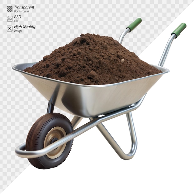 PSD wheelbarrow filled with soil on a transparent background