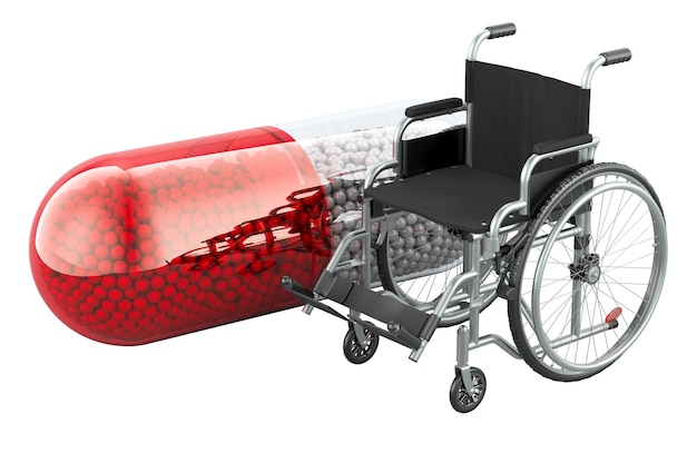 PSD wheelchair with medicament capsule 3d rendering isolated on transparent background