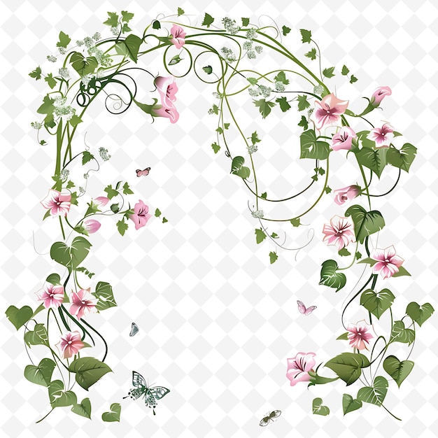 PSD whimsical arbor adorned with butterflies and morning glories png natural inspired flat borderline