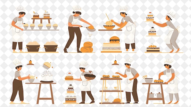 PSD whimsical baker with characters kneading dough and decoratin png people in daily work illustration