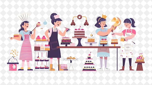 PSD whimsical baker with characters kneading dough and decoratin png people in daily work illustration