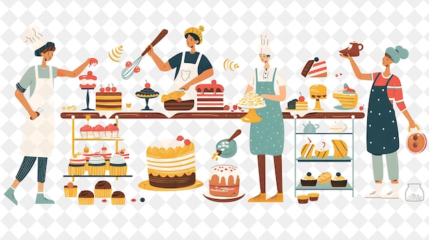 PSD whimsical baker with characters kneading dough and decoratin png people in daily work illustration