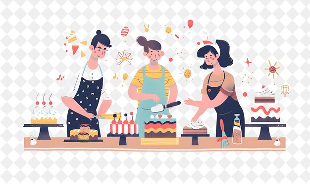 Whimsical Baker With Characters Kneading Dough and Decoratin PNG People in Daily Work Illustration