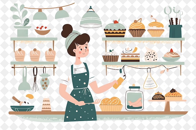 PSD whimsical baker with characters kneading dough and decoratin png people in daily work illustration