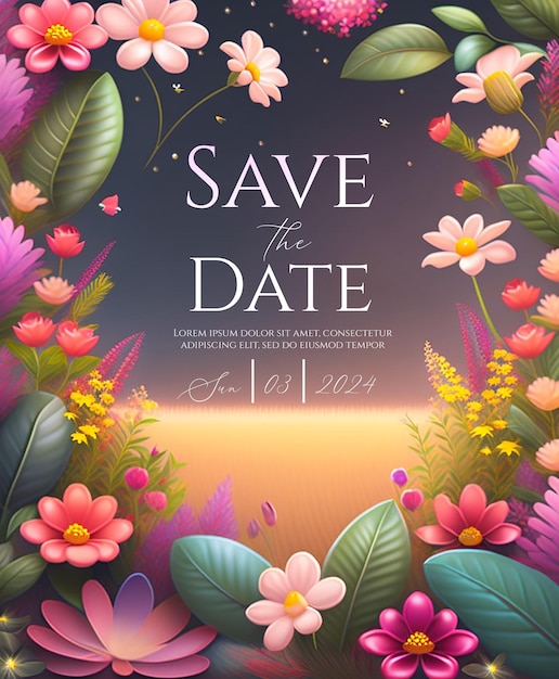 PSD whimsical floral wedding invitation with sunset gradient backgroundenchanted garden theme save the d