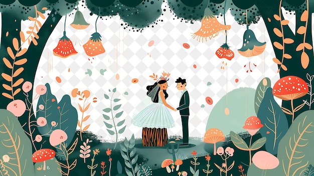 PSD whimsical forest with fairy like characters exchanging vows people life style flat illustration