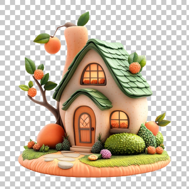 Whimsical Gingerbread Cottage with Lush Greenery and Orange Fruits