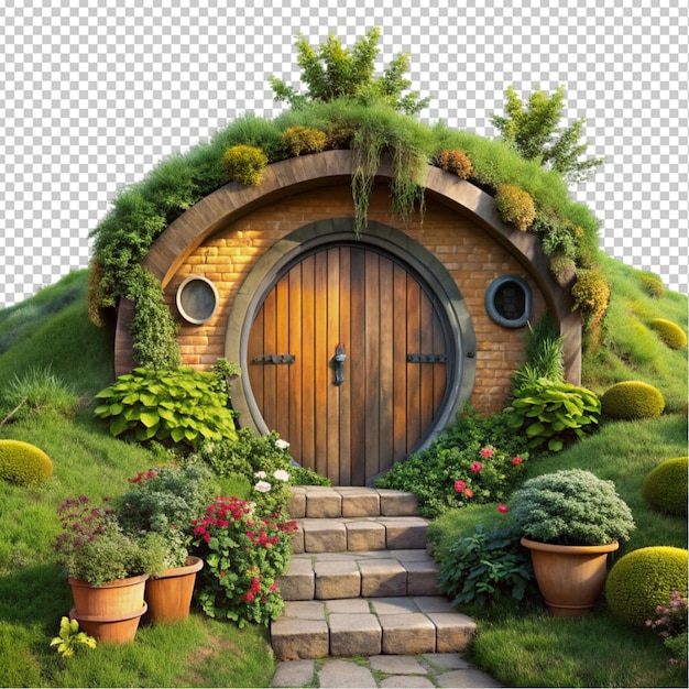 PSD a whimsical hobbit house with a round wooden door transparent background