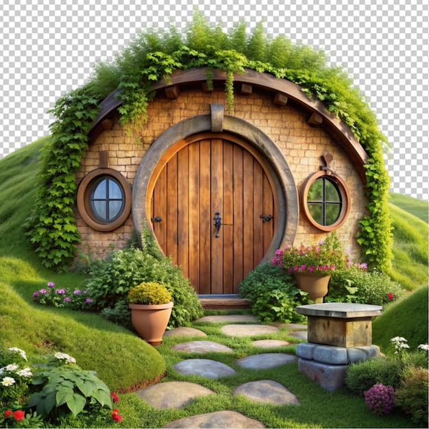 a whimsical hobbit house with a round wooden door transparent background