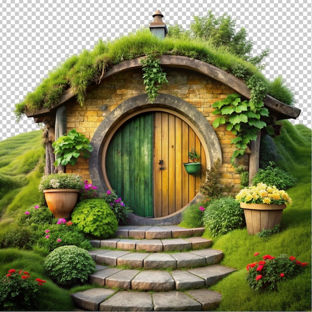 PSD a whimsical hobbit house with a round wooden door transparent background