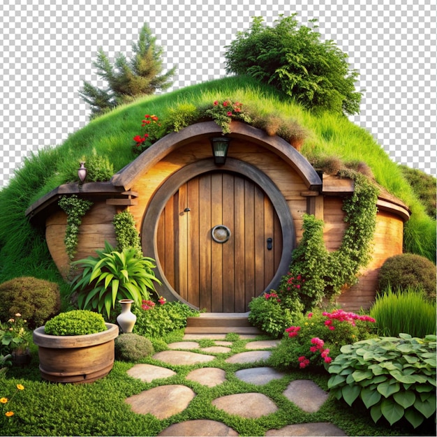 a whimsical hobbit house with a round wooden door transparent background