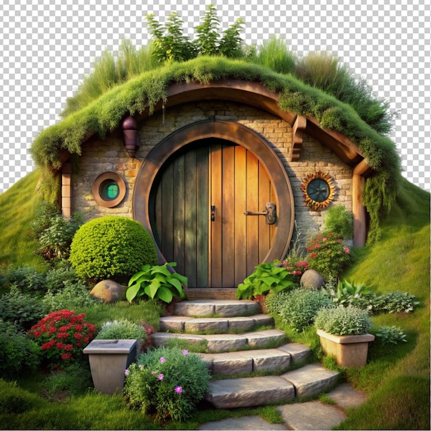 a whimsical hobbit house with a round wooden door transparent background