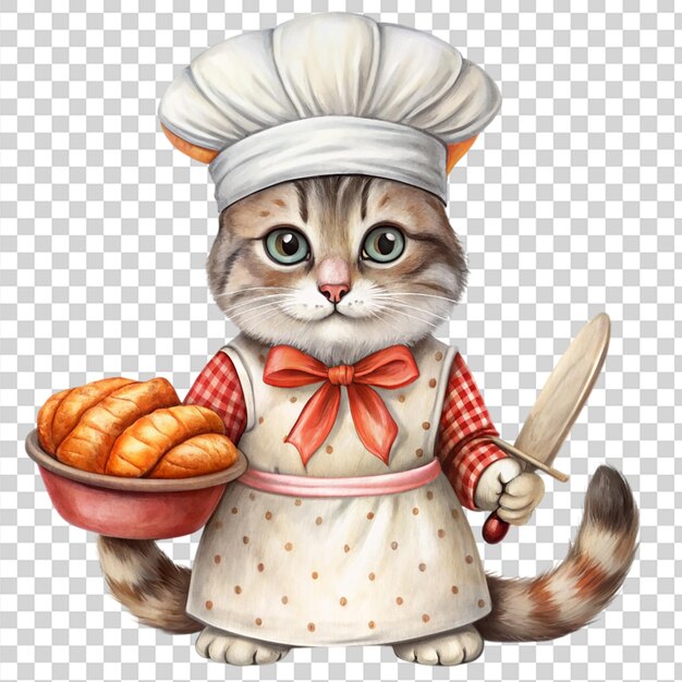 PSD a whimsical illustration of a cat wearing a baker isolated on transparent background