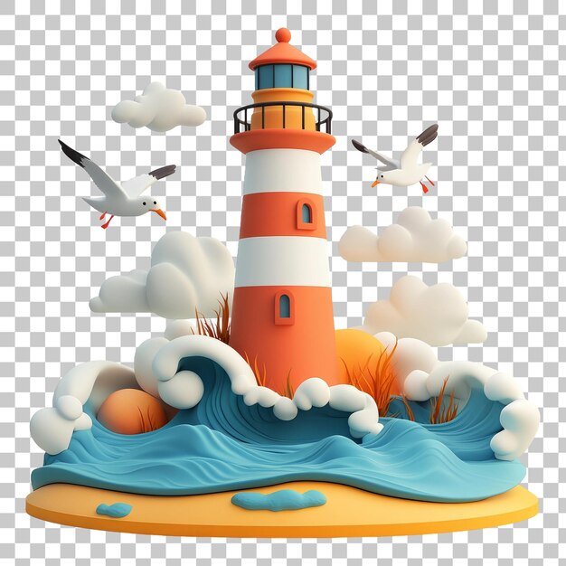 PSD whimsical lighthouse and seagulls in colorful ocean waves