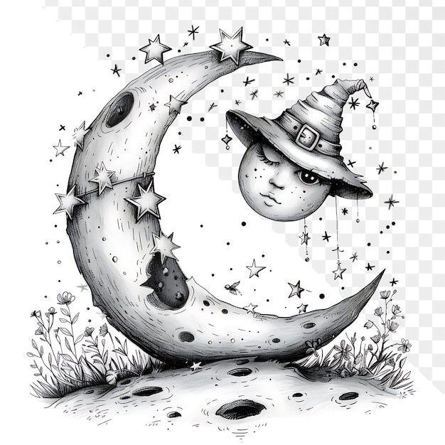 PSD whimsical moon and witchy doodles on white background