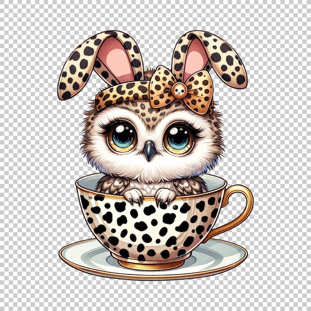 Whimsical owl in a teacup illustration