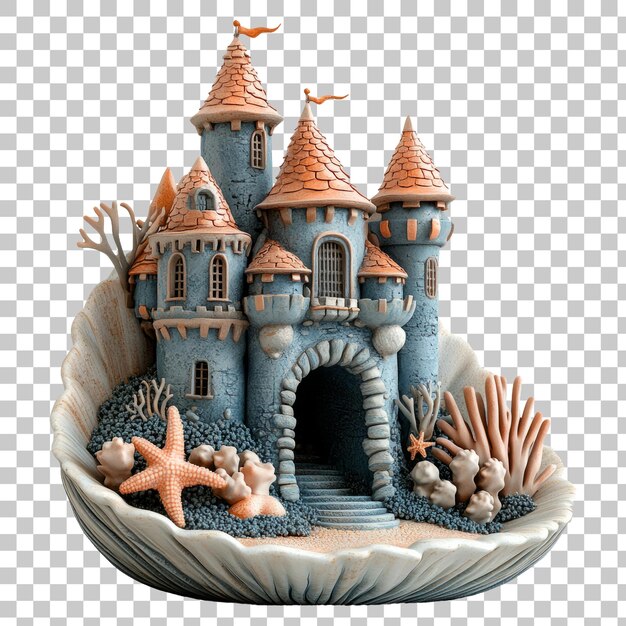 PSD whimsical sandcastle in a seashell with marine elements and coral