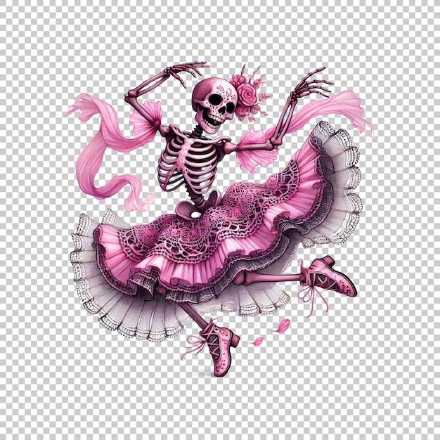 PSD whimsical skeleton ballerina in pink lace tutu isolated on transparent background