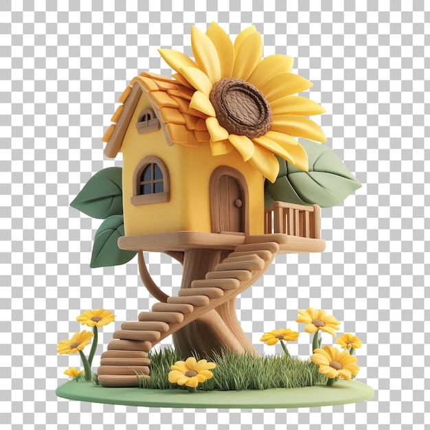 Whimsical Treehouse Bathed in Sunflowers and Warm Hues in a Transparent Background