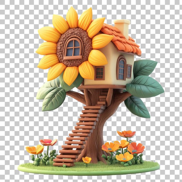 Whimsical Treehouse with Sunflower Detail and Blooming Flowers