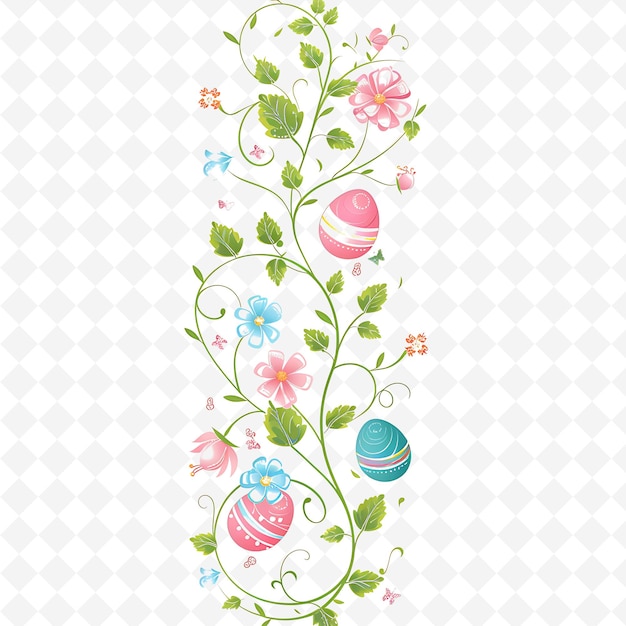 PSD whimsical vine with colorful easter eggs and spring flowers png natural inspired flat borderline