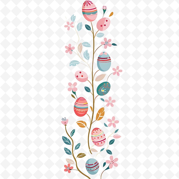 PSD whimsical vine with colorful easter eggs and spring flowers png natural inspired flat borderline