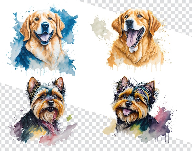 Whimsical Watercolor Canines Yorkshire Terrier and Golden Retriever Art on Clear Background