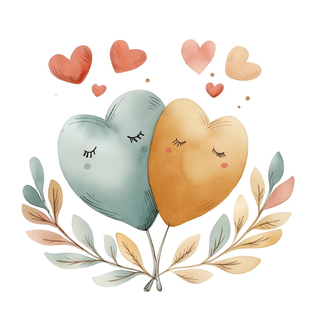 PSD whimsical watercolor heart balloons and leaves with floating hearts