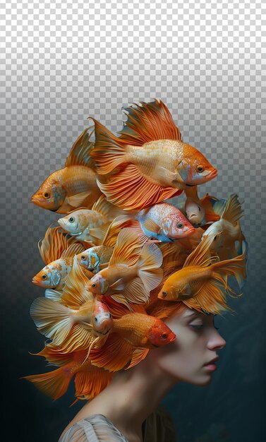 PSD whimsical woman with a head full of fish