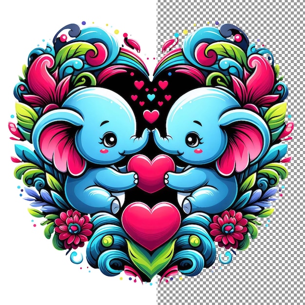 PSD whiskered romance vector art of adorable animal couple holding a heart