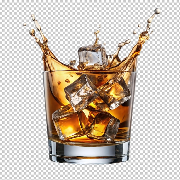 whisky and ice cubes falling into a glass on transparent background