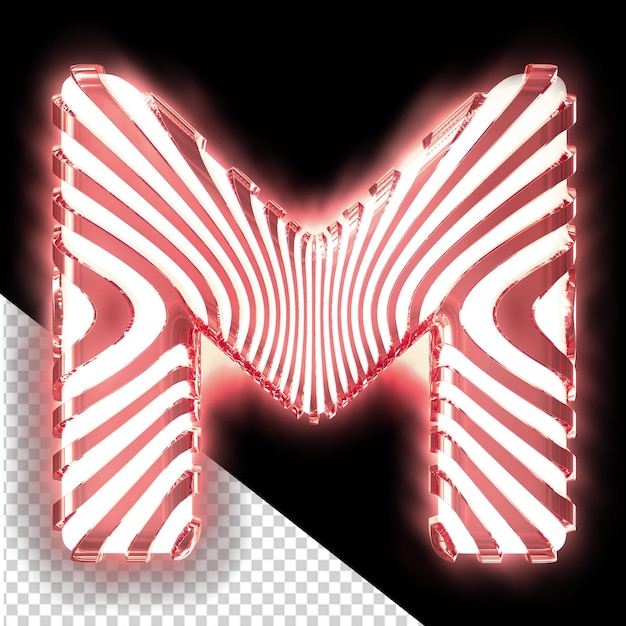 White 3d symbol with ultra thin red luminous vertical straps letter m