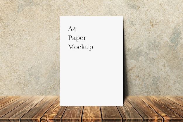 White A4 Paper Mockup on Wooden with Classic Wall Background