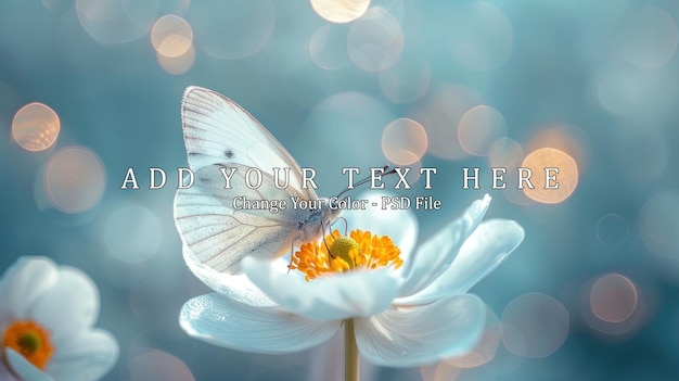 white anemone flower with yellow stamens and butterfly