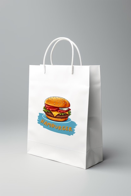 a white bag with a picture of a hamburger on it