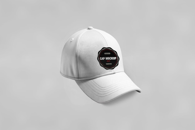 PSD a white baseball cap mockup with a black label that says