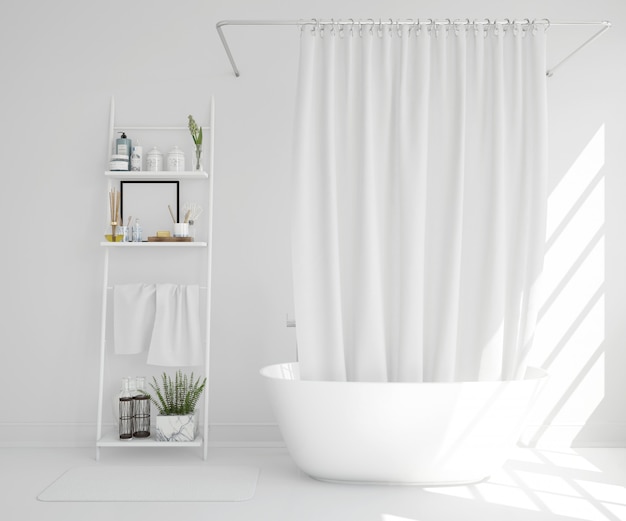 white bathtub with curtain and shelf