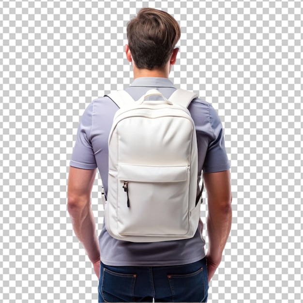 PSD white blank backpack on man s back view from behind transparent background