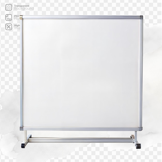 PSD a white blank whiteboard with a silver frame and stand isolated on a transparent background