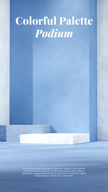 white block shape podium in portrait blue color terrazzo wall 3d image render blank mockup