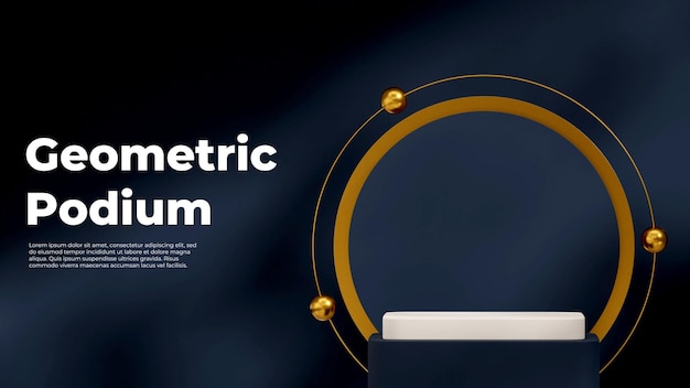 White and blue color podium in landscape with gold sphere and ring 3d rendering mockup template