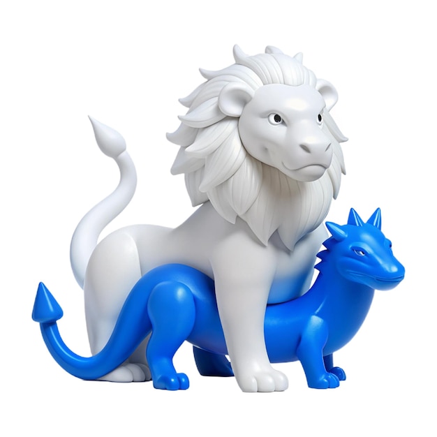 PSD a white and blue lion statue with a blue mane and a blue dragon