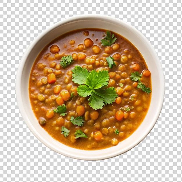 PSD white bowl of lentil soup top view isolated on transparent background