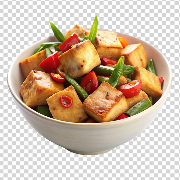 A white bowl on stir fried tofu isolated on transparent background