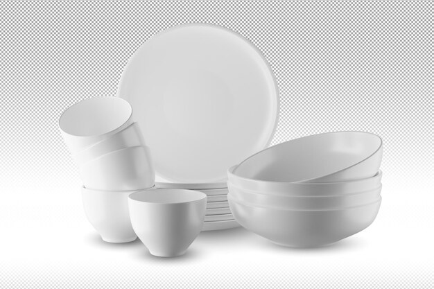 PSD white bowl and white plate isolated on alpha background 3d render