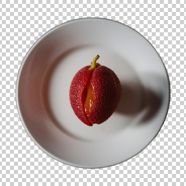 a white bowl with a red strawberry on it