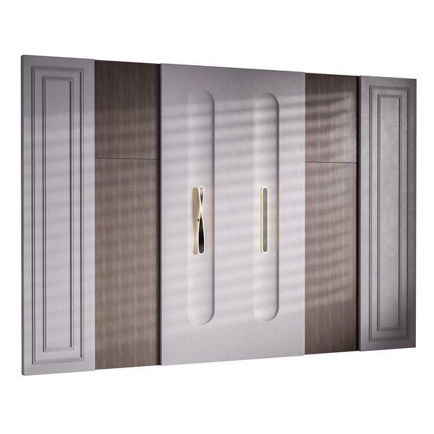 A white and brown paneled wall with a door in the middle The door has a handle and a light on it