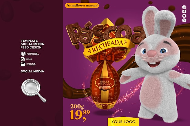 White bunny with chocolate lettering and red Easter egg Premium PSD